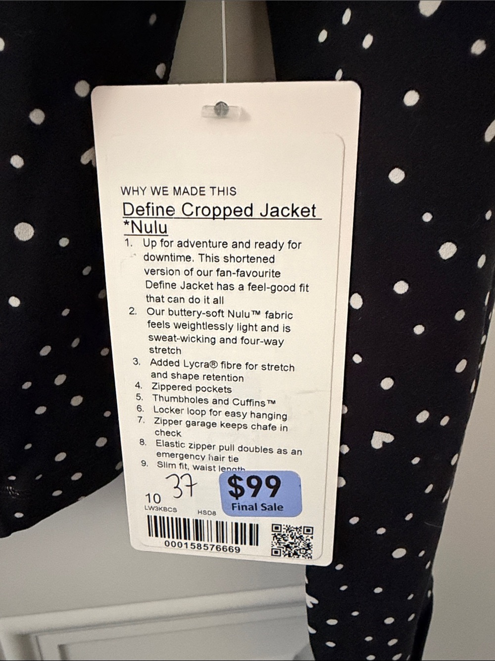 NWT lululemon athletica size 10 Black Heart Polka Dot Define Cropped Jacket - Picture 3 of 7
